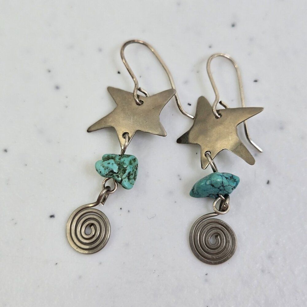 AH Star Earrings Faux Turquoise Silver Ton Southwestern Blue Dangle Drop Boho